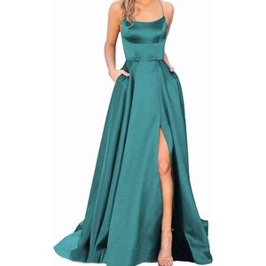 Women’s open back satin dress with slit and pockets